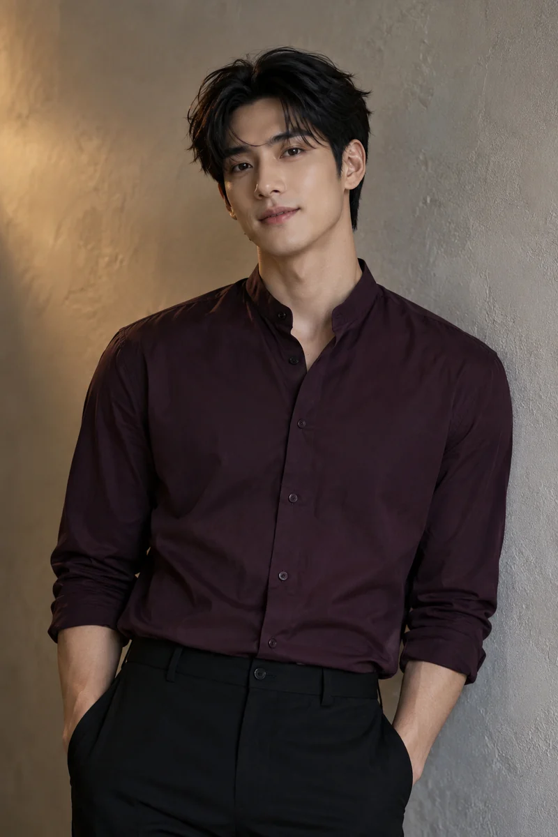 자주색 셔츠를 입은 관리사가 벽 앞에 서 있는 모습